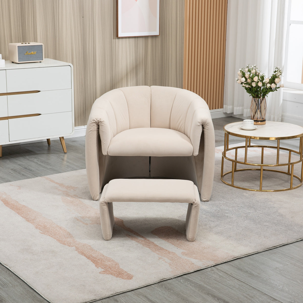 Beige Velvet Accent Chair with Ottoman H195