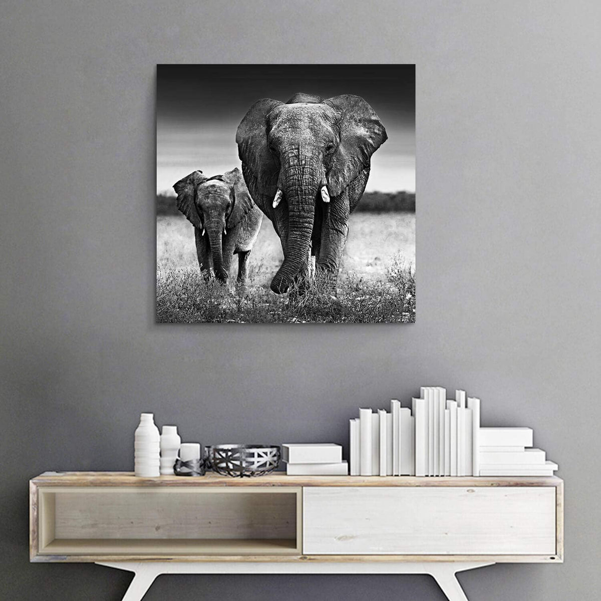 Black and White Elephant Mama and Baby Print on Canvas Wall Decor K7517