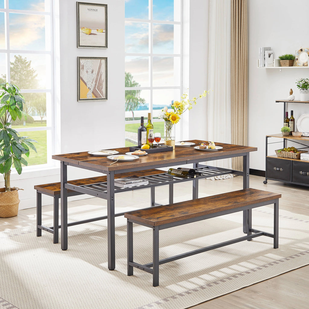 Oversized 3-Piece Dining Table Set with 2 Benches and Wine Rack L441354