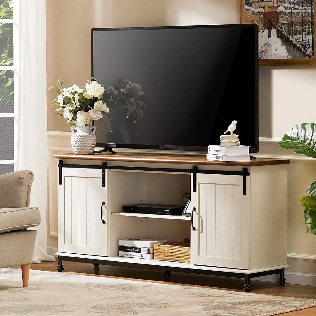 White Wood TV Stand with Sliding Barn Door R100684