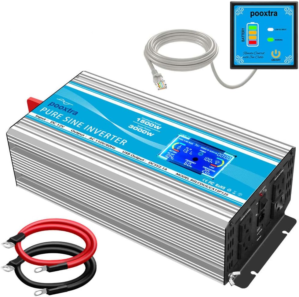 1500 Watt Pure Sine Wave Power Inverter 12V DC to 110V AC with LCD Display USB Port 4 AC Outlets J146