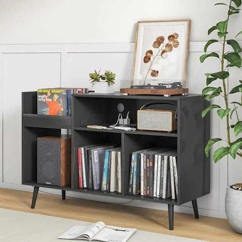 Mid-Century Record Player Stand with Vinyl Record Cabinet R5386