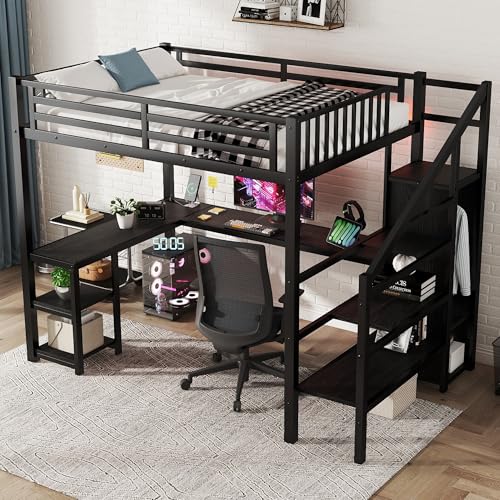 Queen Size Black Loft Bed with Desk and Stairs O21512