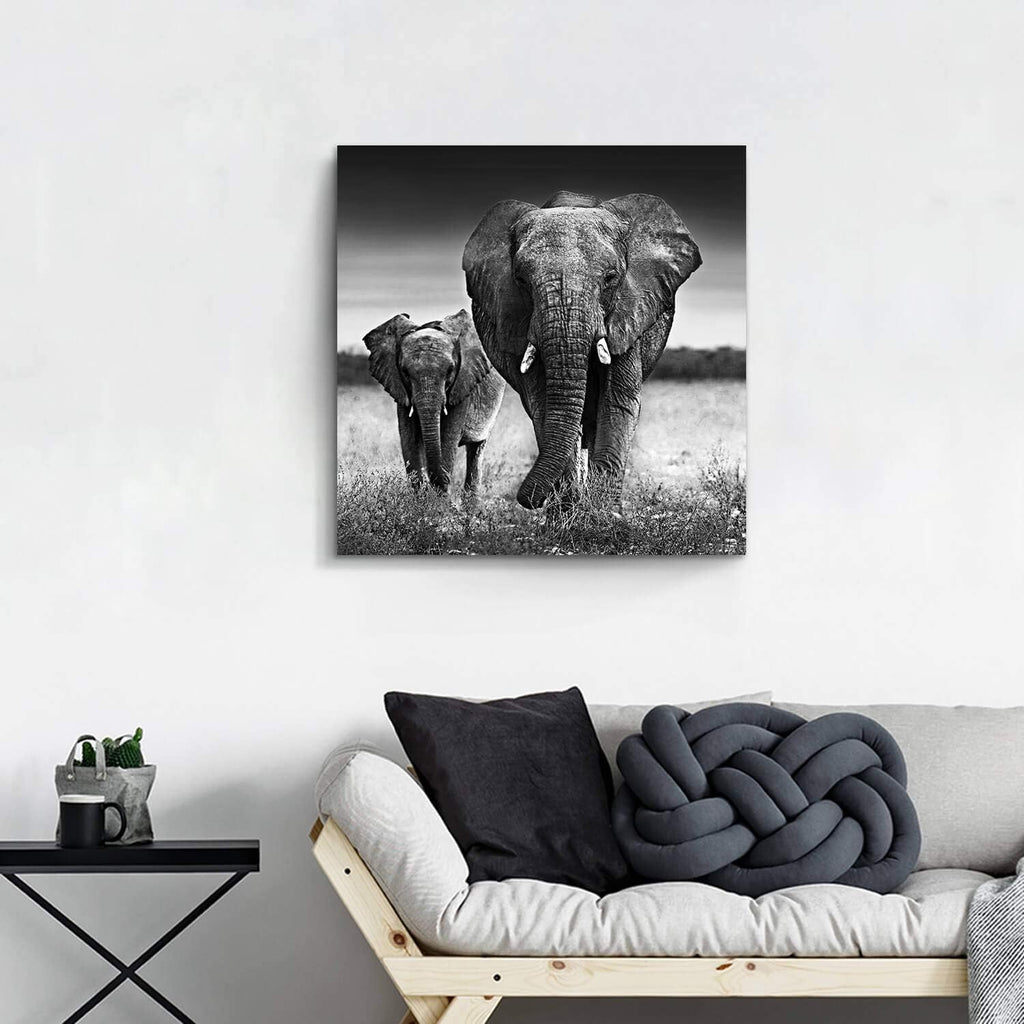 Black and White Elephant Mama and Baby Print on Canvas Wall Decor K7517