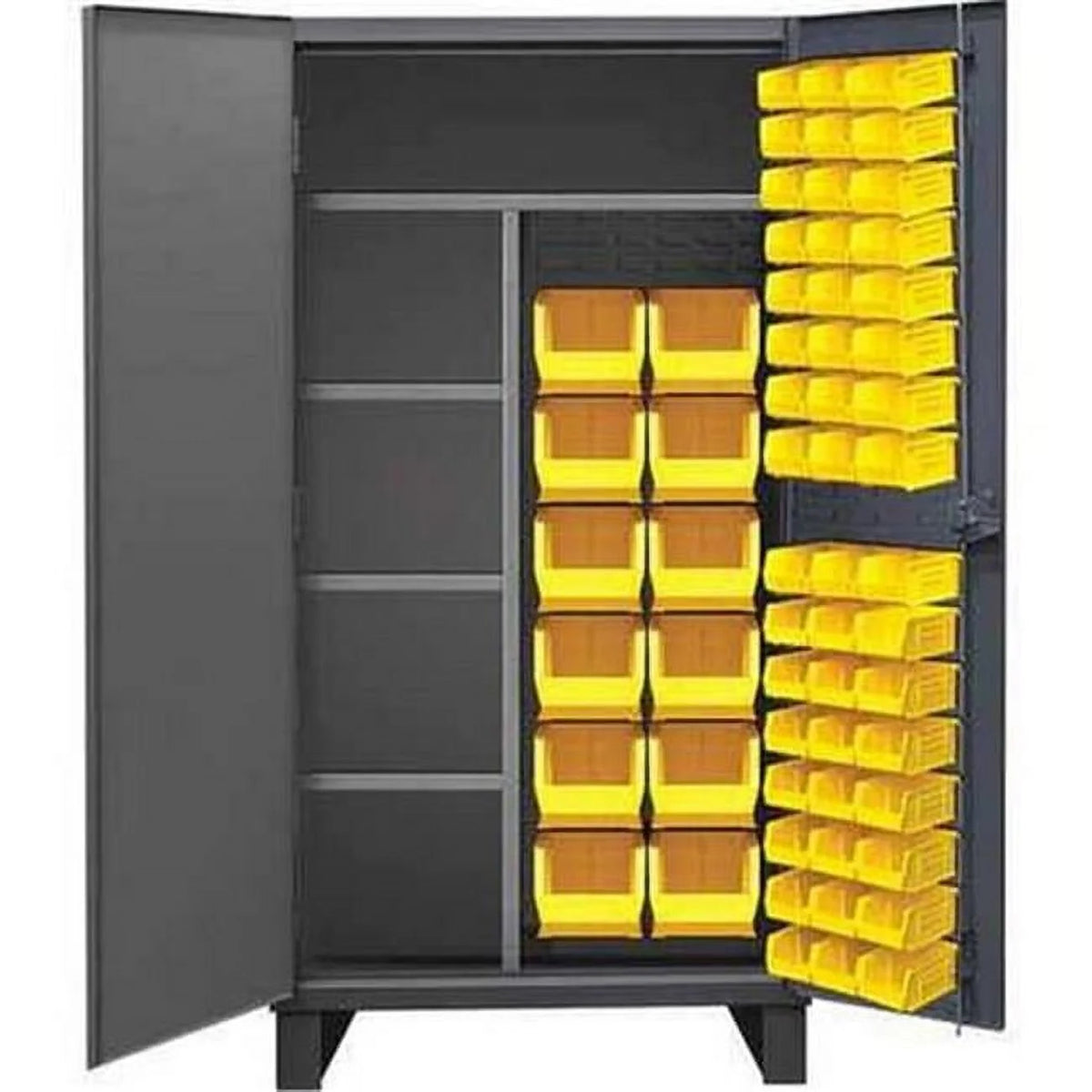 12 Gauge Lockable Janitorial Cabinet with 60 Yellow Hook on Bins & 4 Adjustable Shelves, Gray - 36 in. L24171