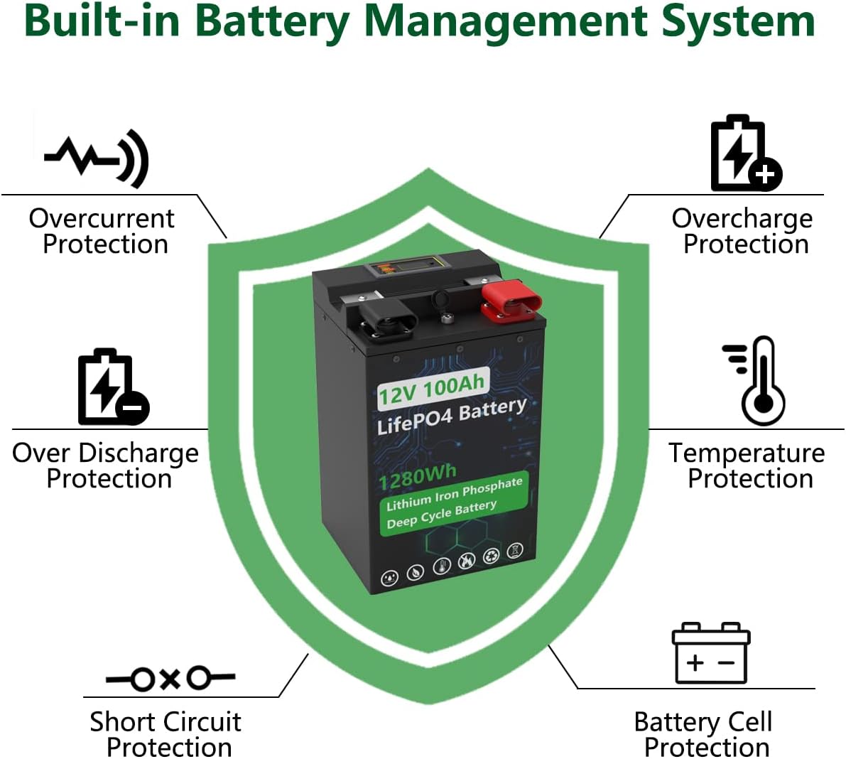 12V 100Ah LiFePO4 Battery with 100A BMS Deep Cycle Lithium Battery J933901