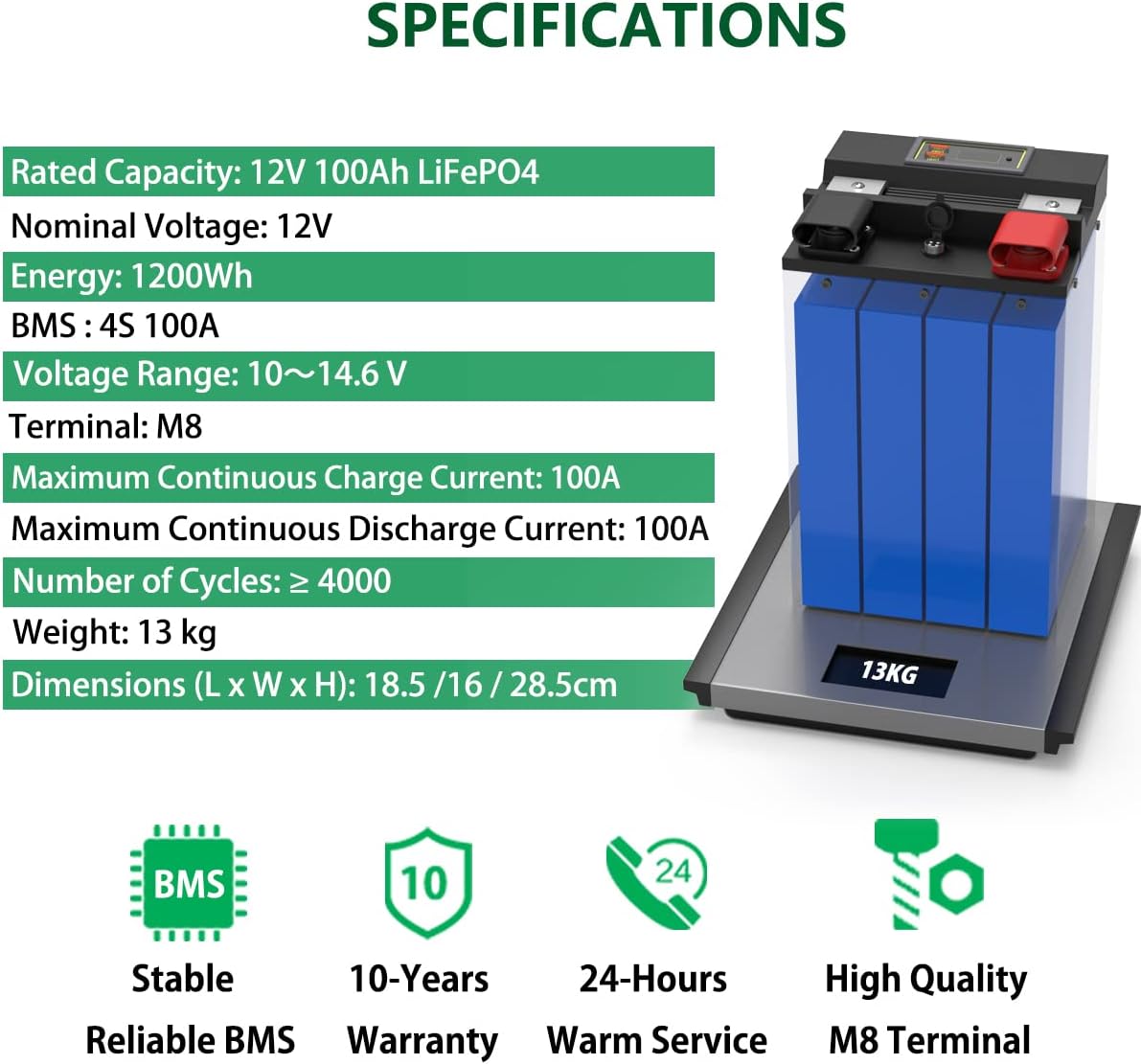 12V 100Ah LiFePO4 Battery with 100A BMS Deep Cycle Lithium Battery J933901