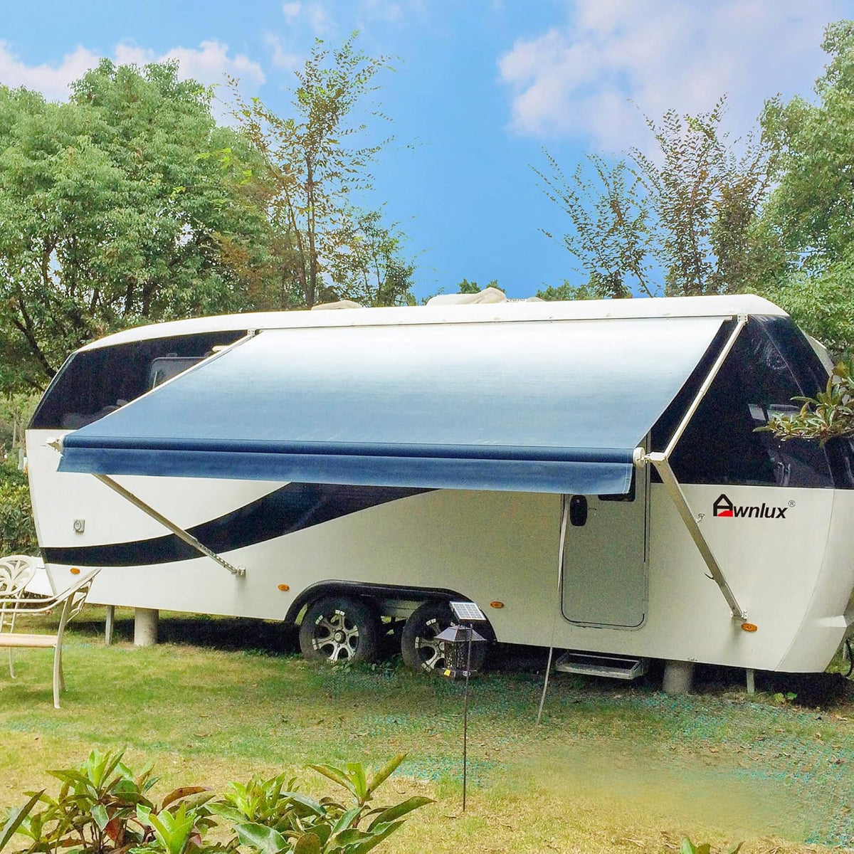 White Manual Modular Retractable RV Awning Full Set Assemblies, 15x8 Ft, Blue Strip Q411