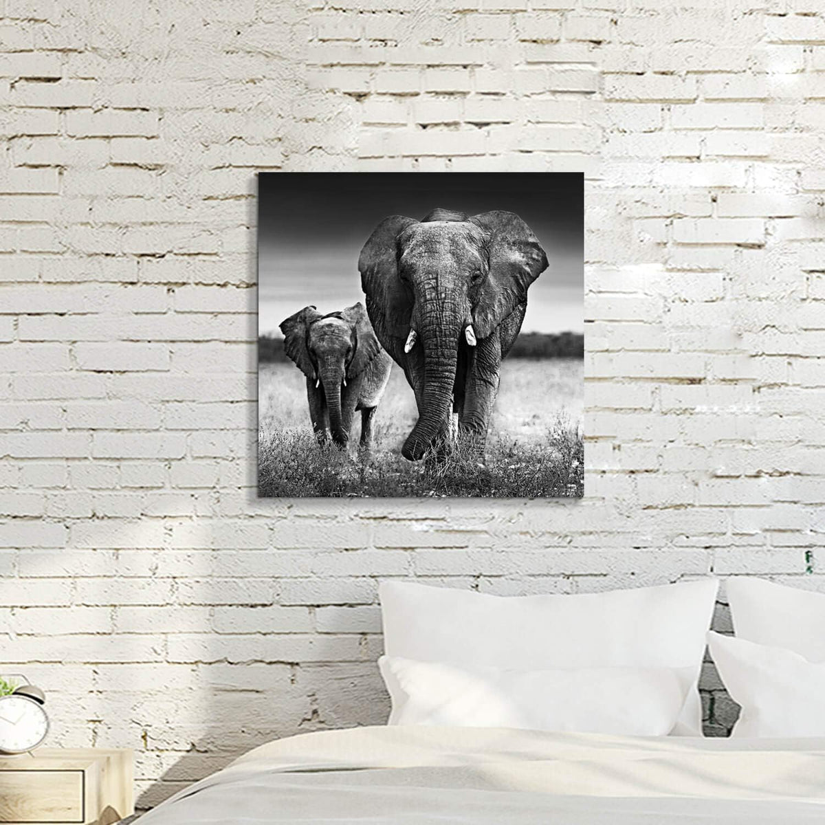 Black and White Elephant Mama and Baby Print on Canvas Wall Decor K7517