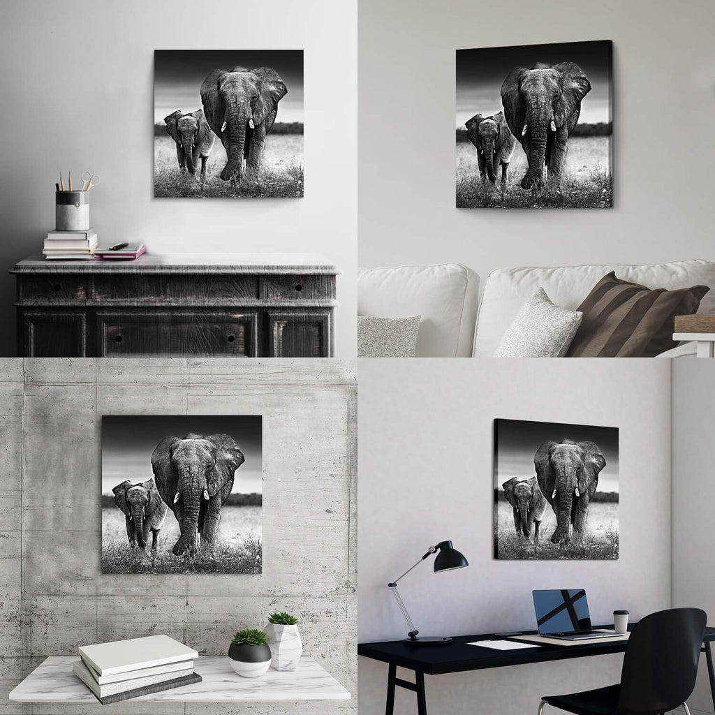 Black and White Elephant Mama and Baby Print on Canvas Wall Decor K7517