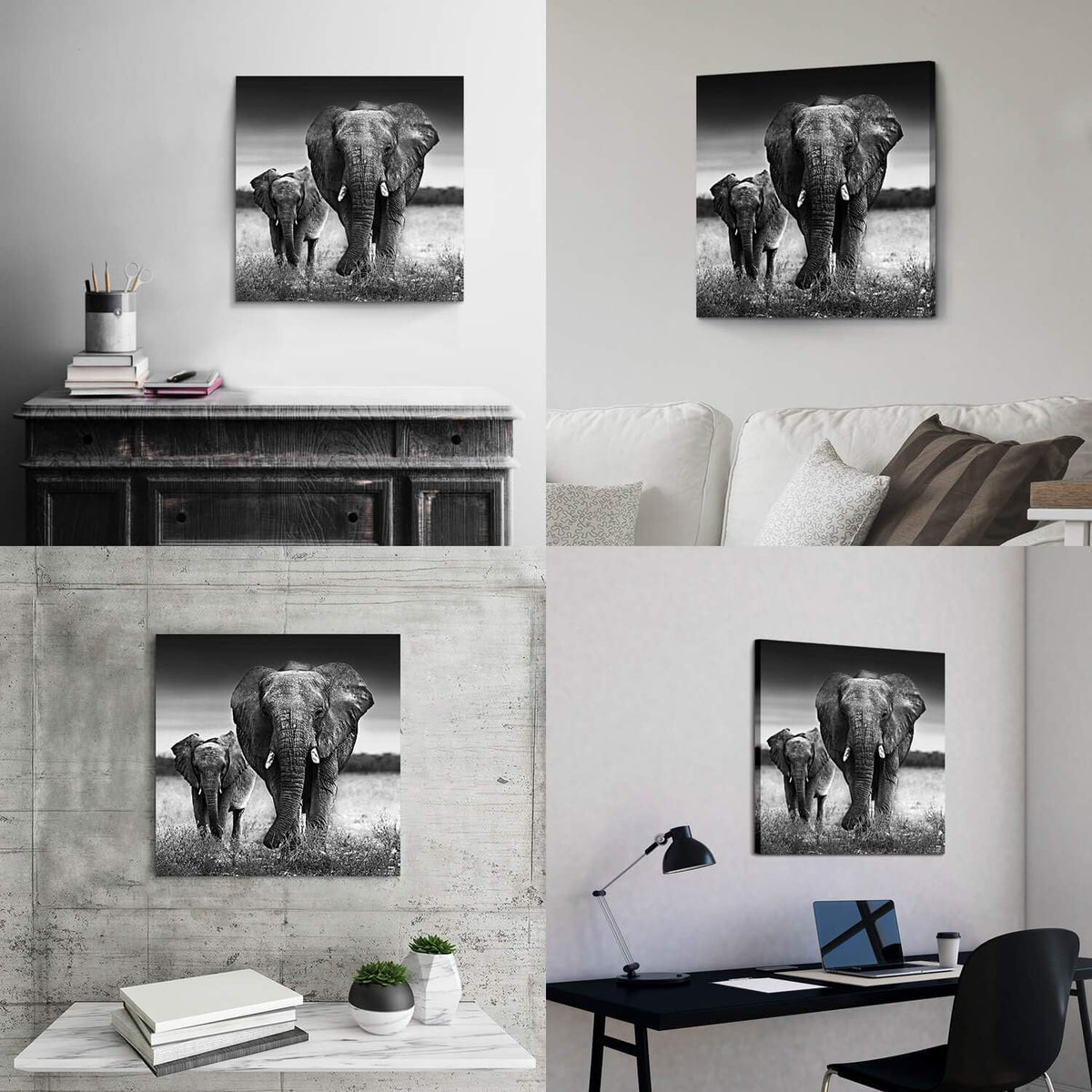 Black and White Elephant Mama and Baby Print on Canvas Wall Decor K7517