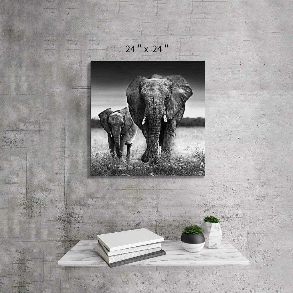 Black and White Elephant Mama and Baby Print on Canvas Wall Decor K7517
