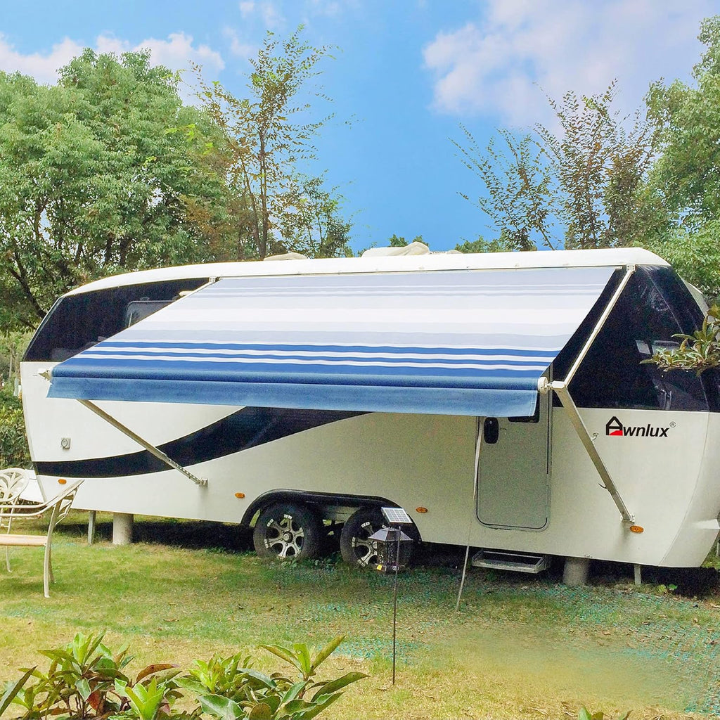 White Manual Modular Retractable RV Awning Full Set Assemblies, 15x8 Ft, Blue Strip Q411