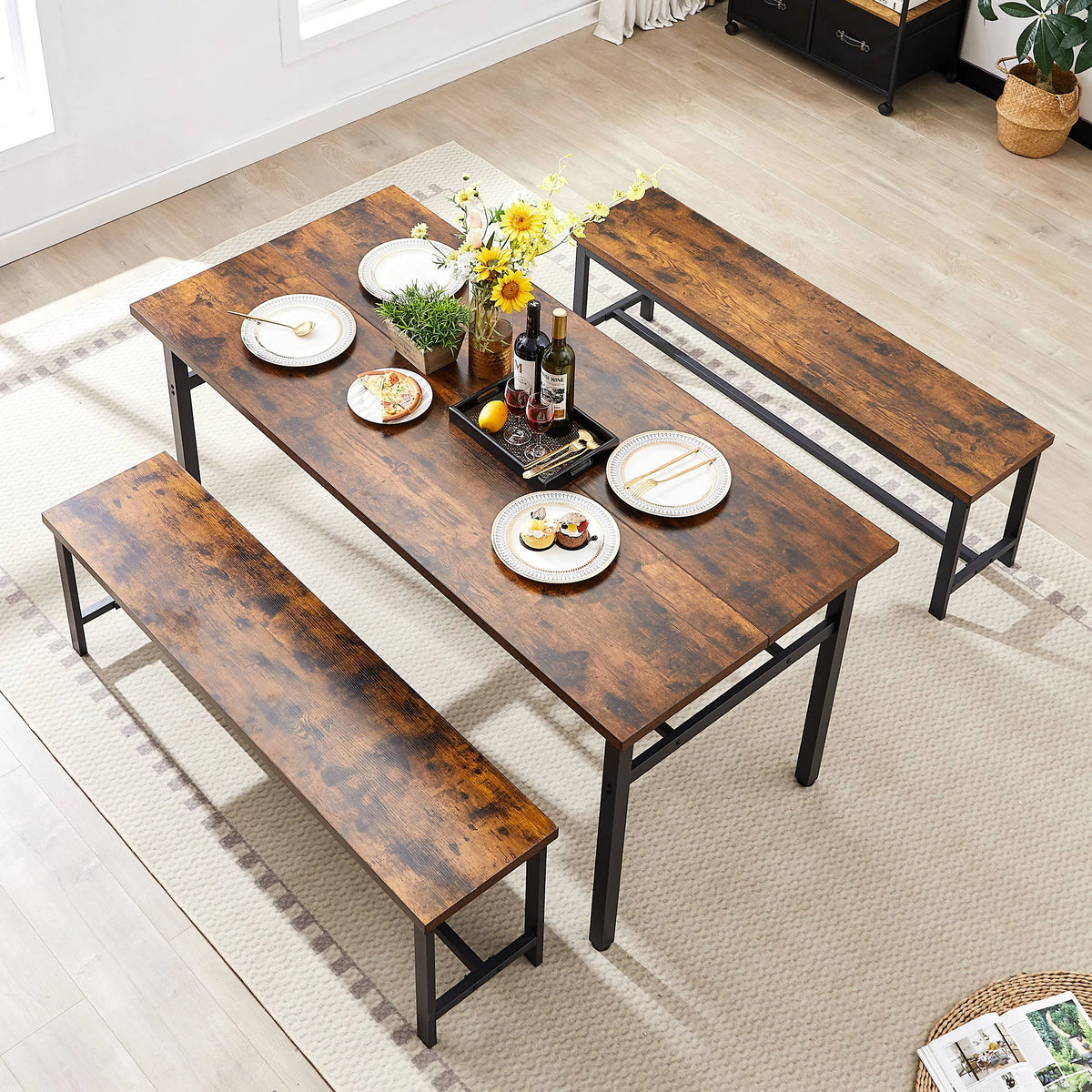 Oversized 3-Piece Dining Table Set with 2 Benches and Wine Rack L441354
