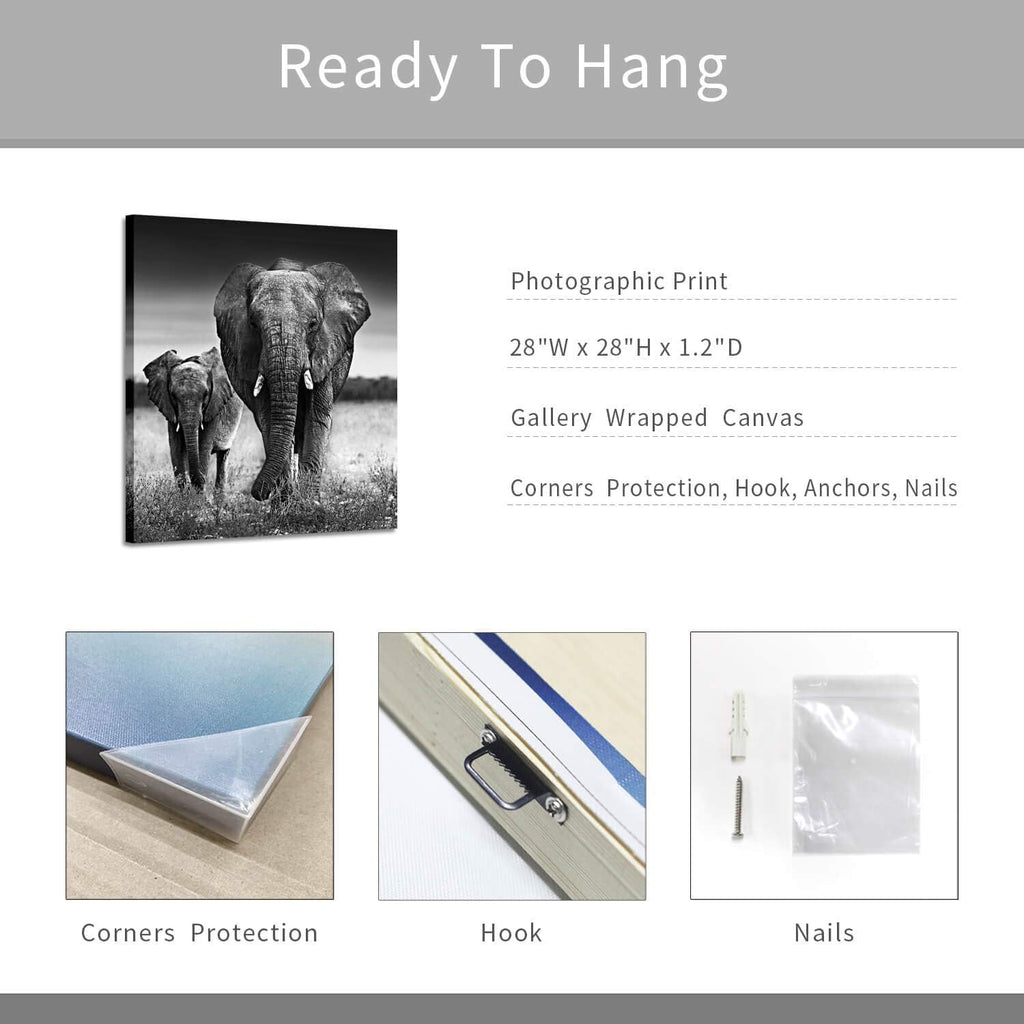 Black and White Elephant Mama and Baby Print on Canvas Wall Decor K7517