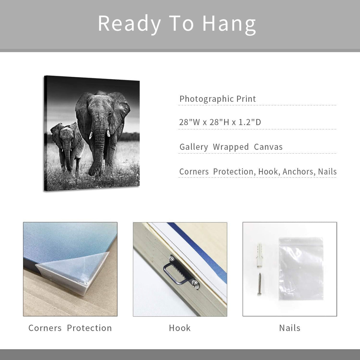 Black and White Elephant Mama and Baby Print on Canvas Wall Decor K7517