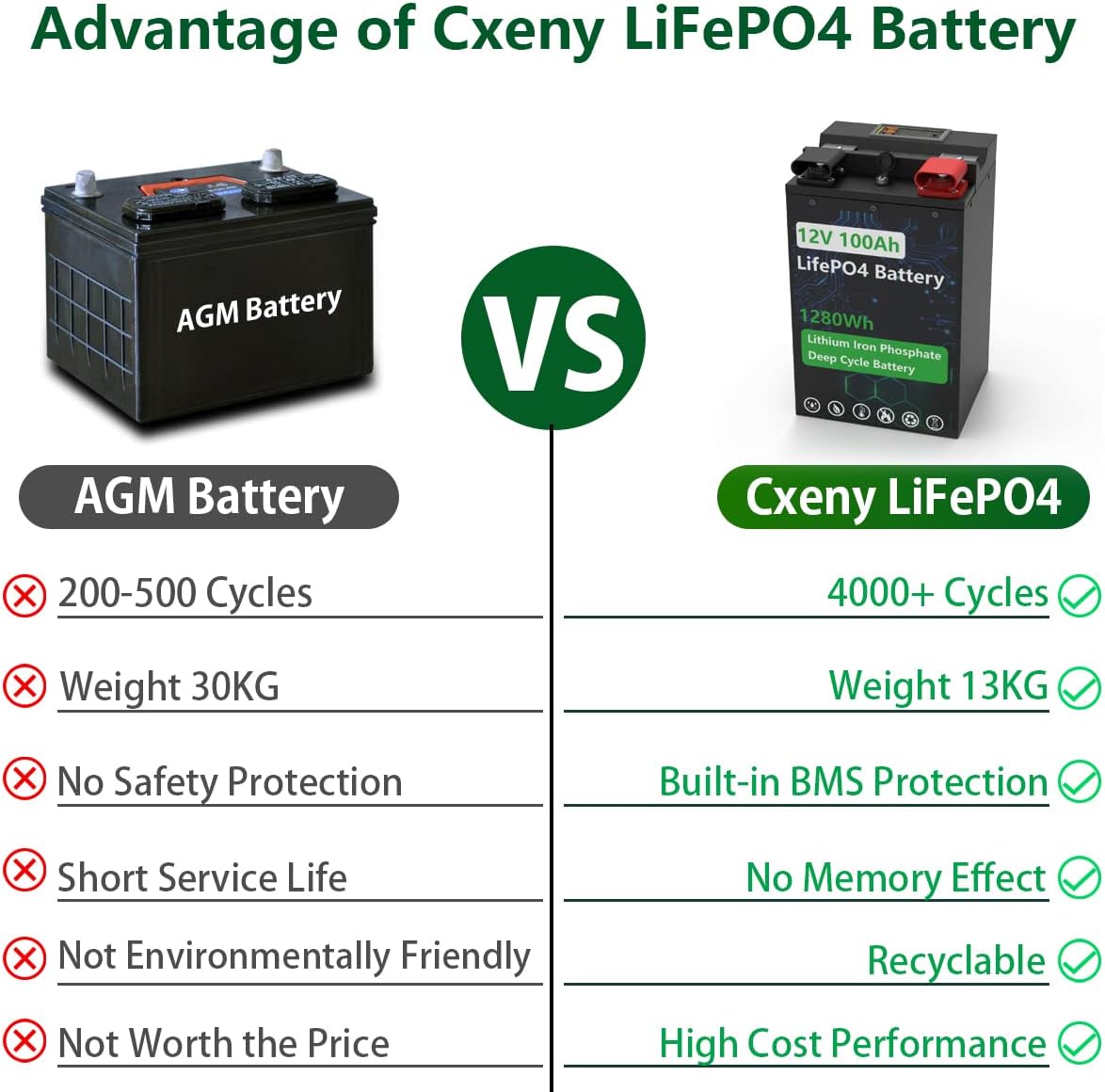 12V 100Ah LiFePO4 Battery with 100A BMS Deep Cycle Lithium Battery J933901