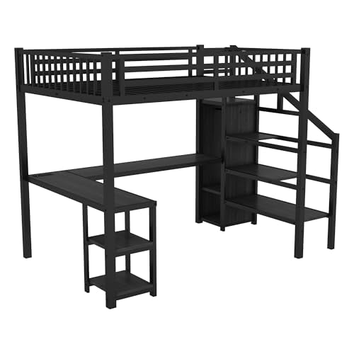 Queen Size Black Loft Bed with Desk and Stairs O21512