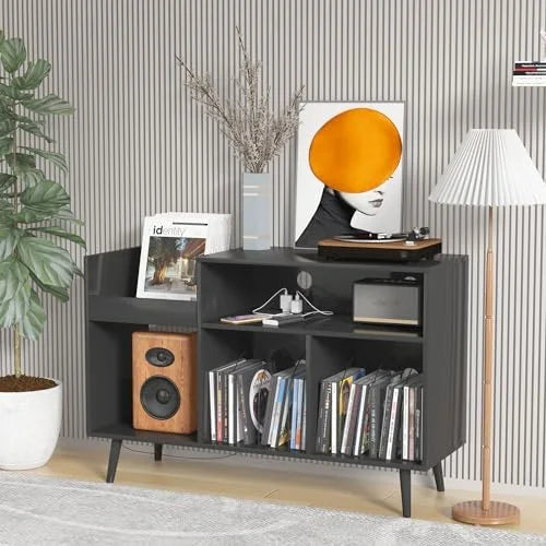 Mid-Century Record Player Stand with Vinyl Record Cabinet R5386