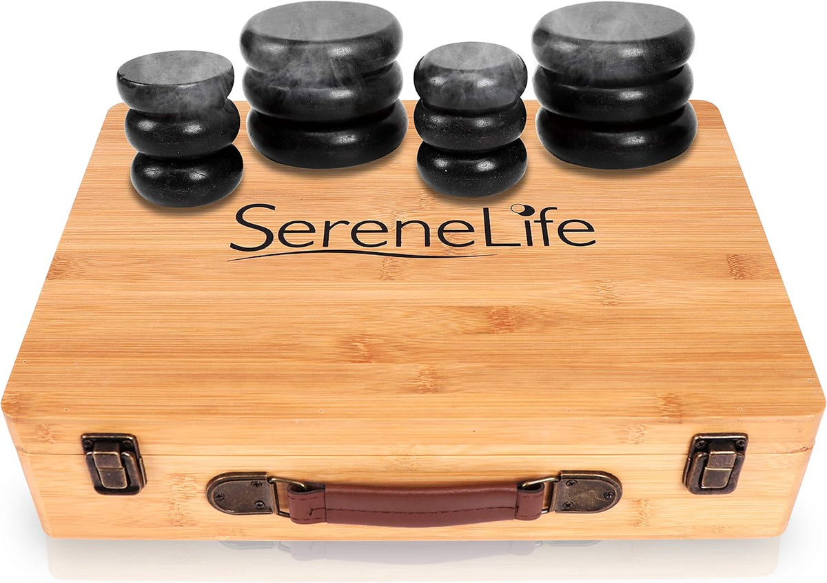 12 Pc Black Stone Massage Kit with Bamboo Heating Case Q1282