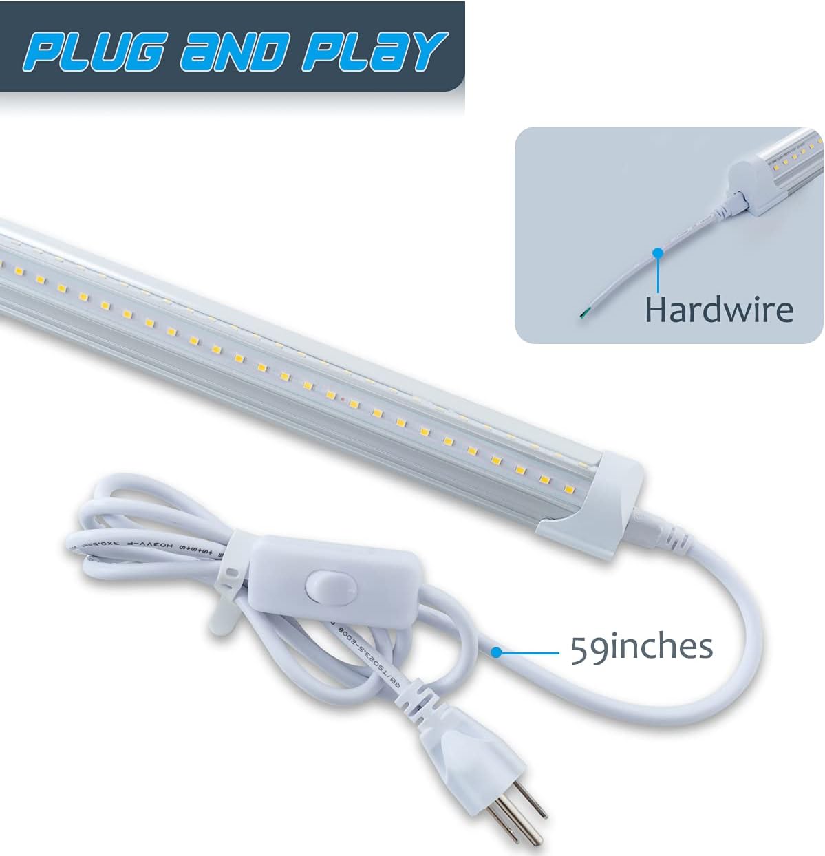 6 Pack 4FT 40W Integrated V Shaped LED Shop Light, Linkable White Daylight 6000k, On/Off Switch Cable Clear Cover O924