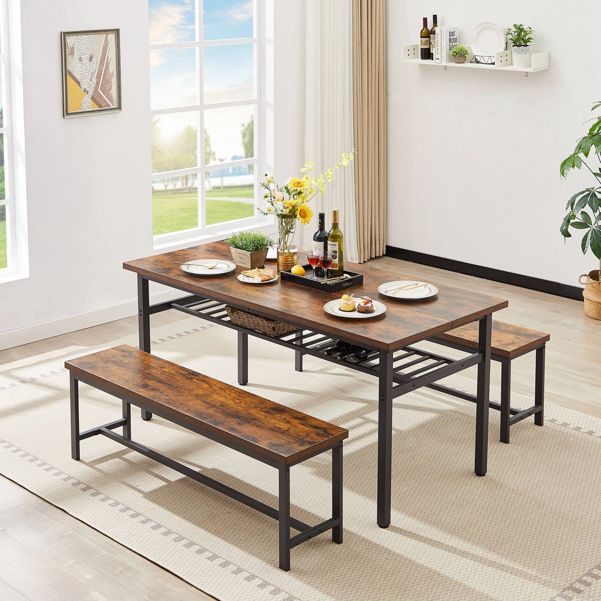 Oversized 3-Piece Dining Table Set with 2 Benches and Wine Rack L441354