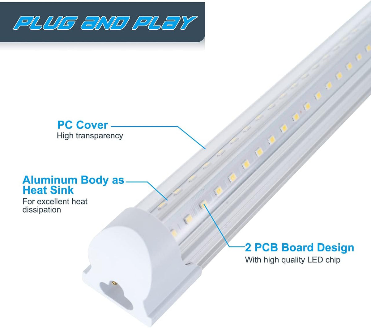 6 Pack 4FT 40W Integrated V Shaped LED Shop Light, Linkable White Daylight 6000k, On/Off Switch Cable Clear Cover O924