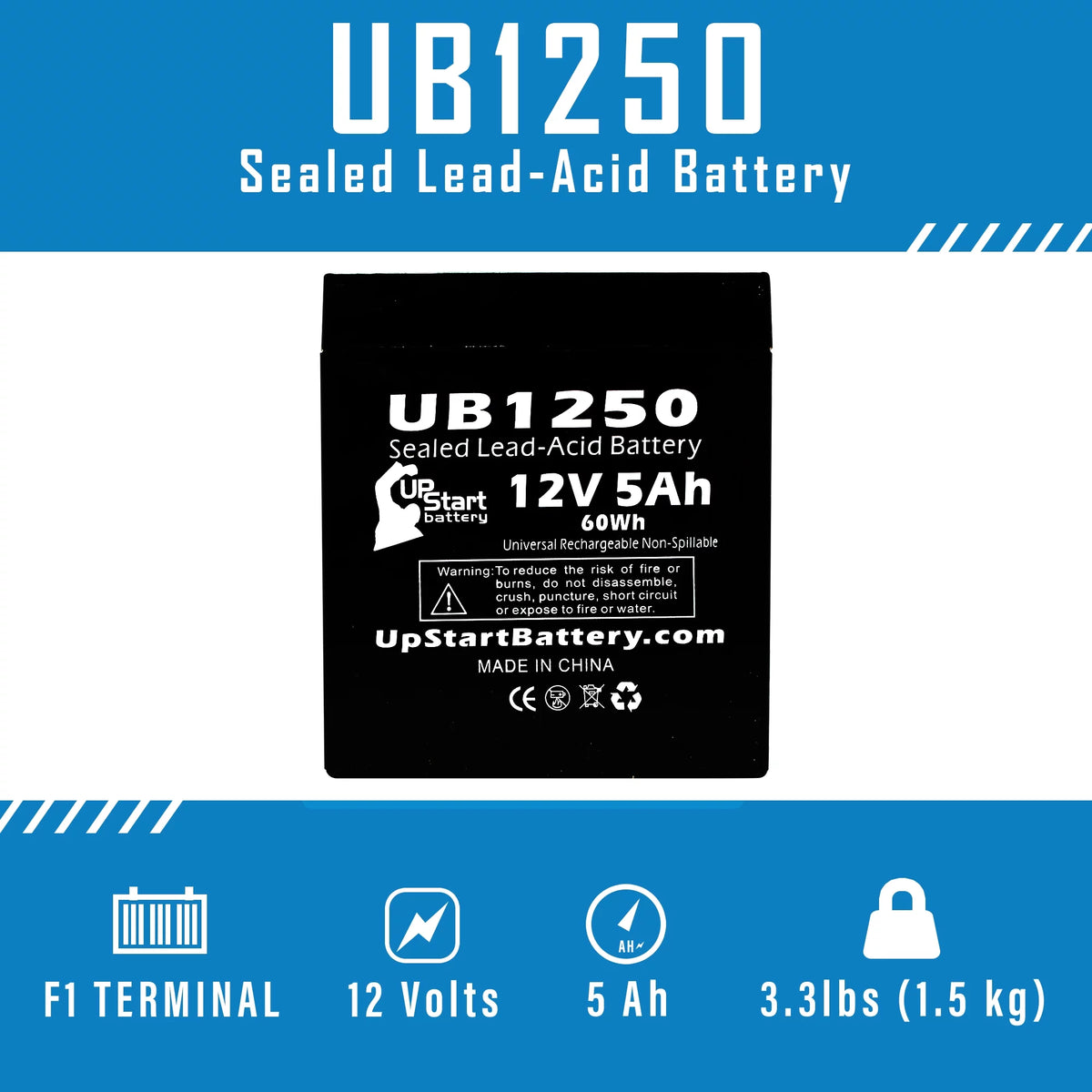 12V 5Ah Sealed Lead Acid Battery with F1 to F2 Terminal Adapters J893598