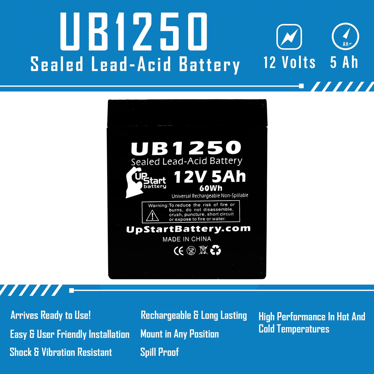12V 5Ah Sealed Lead Acid Battery with F1 to F2 Terminal Adapters J893598