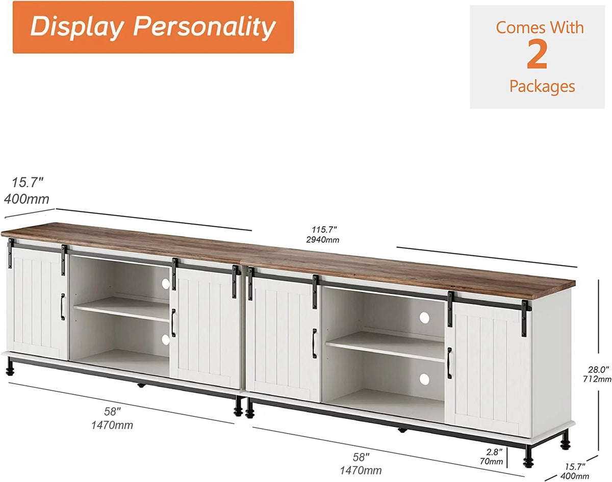 White Wood TV Stand with Sliding Barn Door R100684
