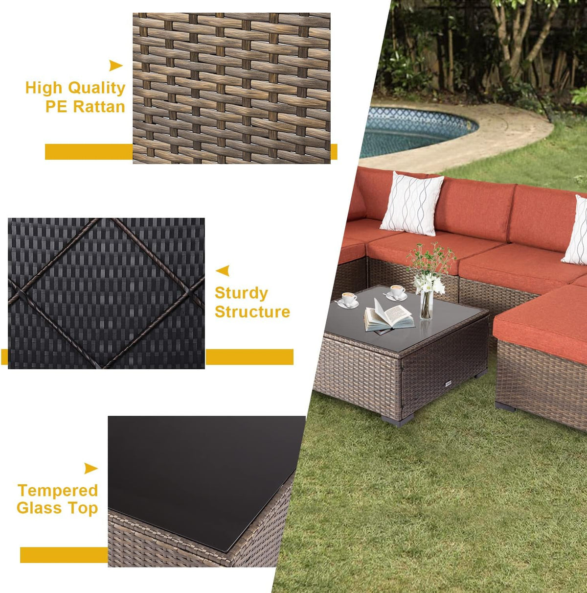 Maple Red Cushions 7Pcs Outdoor Wicker Sectional Sofa T809263