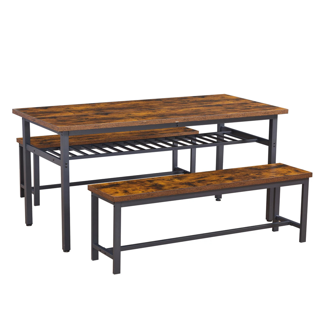 Oversized 3-Piece Dining Table Set with 2 Benches and Wine Rack L441354