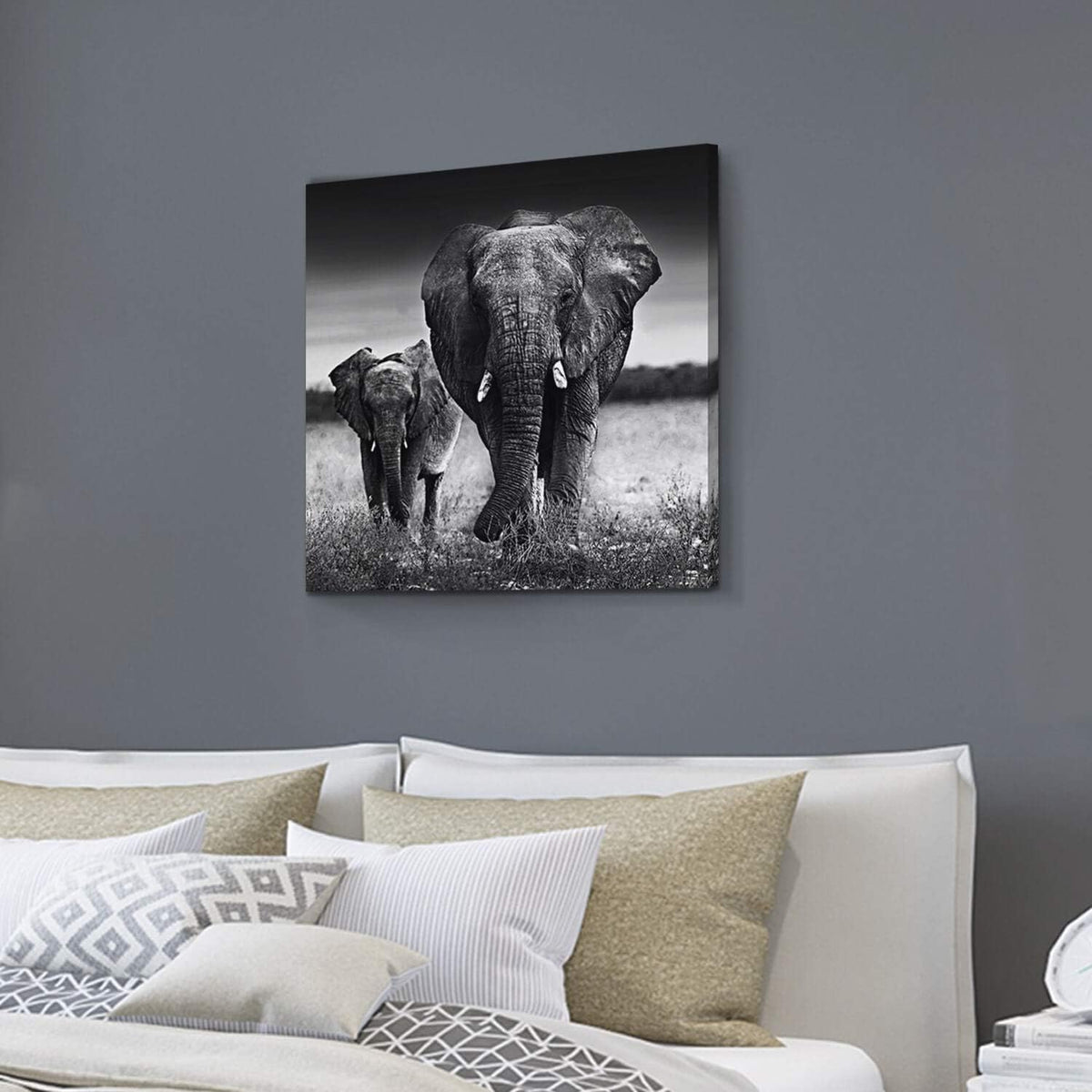 Black and White Elephant Mama and Baby Print on Canvas Wall Decor K7517