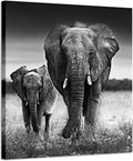 Black and White Elephant Mama and Baby Print on Canvas Wall Decor K7517