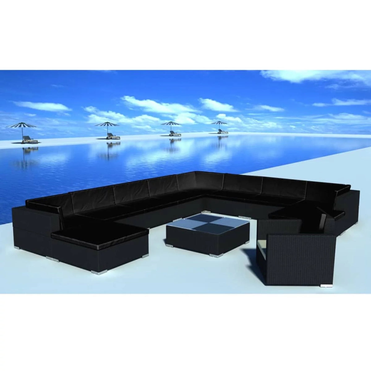 12 Piece Cushioned Patio Conversation Set with Ottomans and Tea Table Black Poly Rattan G762135