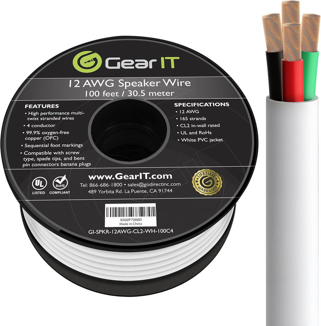 16/4 Speaker Wire 100 Feet 16AWG CL2 Rated 4 Conductors OFC Oxygen-Free Copper White N862036