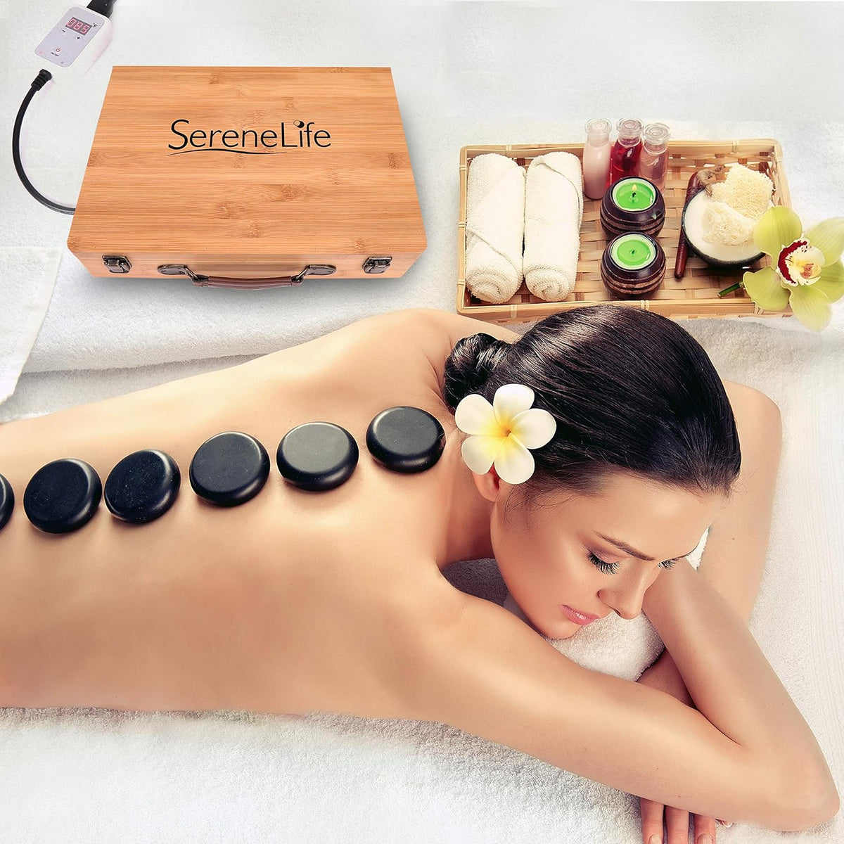 12 Pc Black Stone Massage Kit with Bamboo Heating Case Q1282
