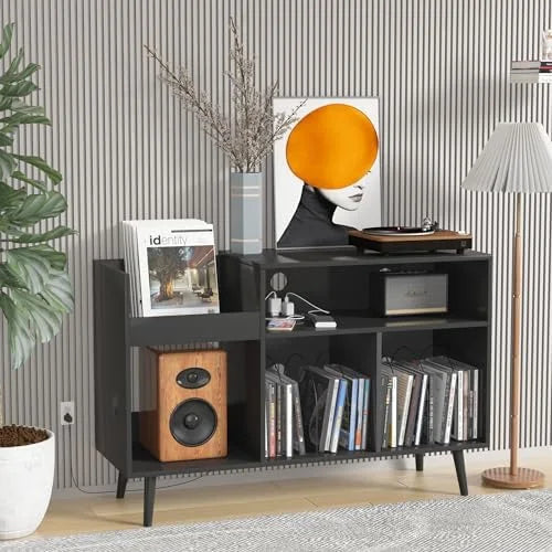 Mid-Century Record Player Stand with Vinyl Record Cabinet R5386