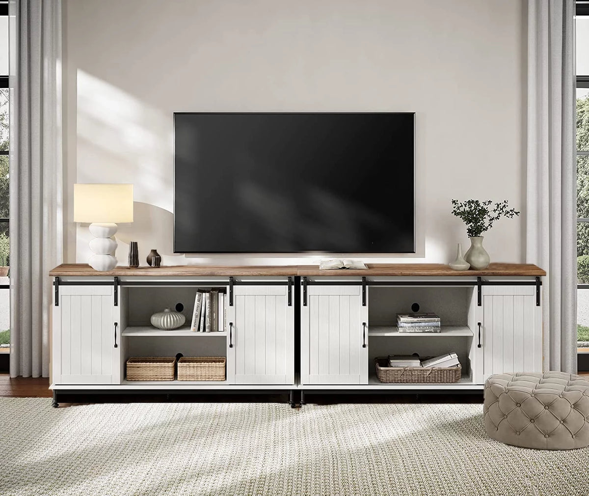 White Wood TV Stand with Sliding Barn Door R100684