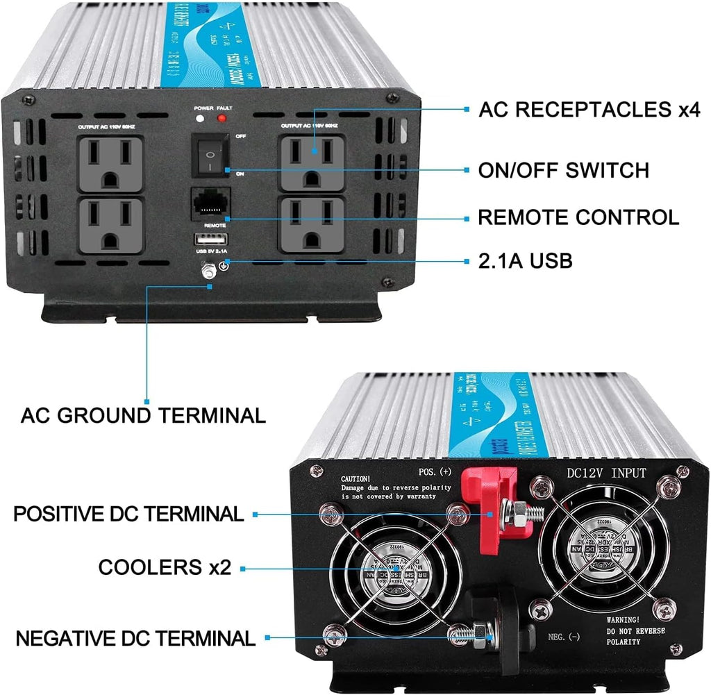 1500 Watt Pure Sine Wave Power Inverter 12V DC to 110V AC with LCD Display USB Port 4 AC Outlets J146