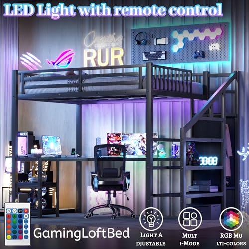 Queen Size Black Loft Bed with Desk and Stairs O21512